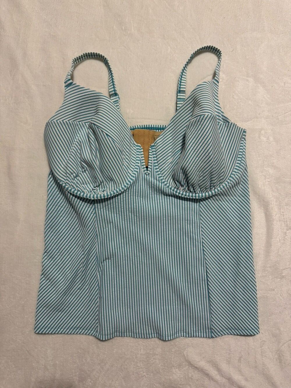 Cacique Teal White Striped Seersucker Tankini Bathing Suit Swim Top 44H